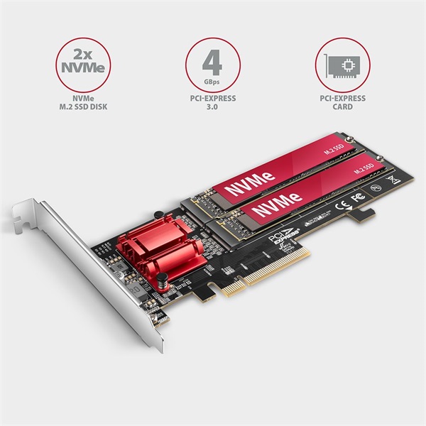 Axagon 2x M.2 NVMe bővítő kártya PCIe (PCEM2-ND)