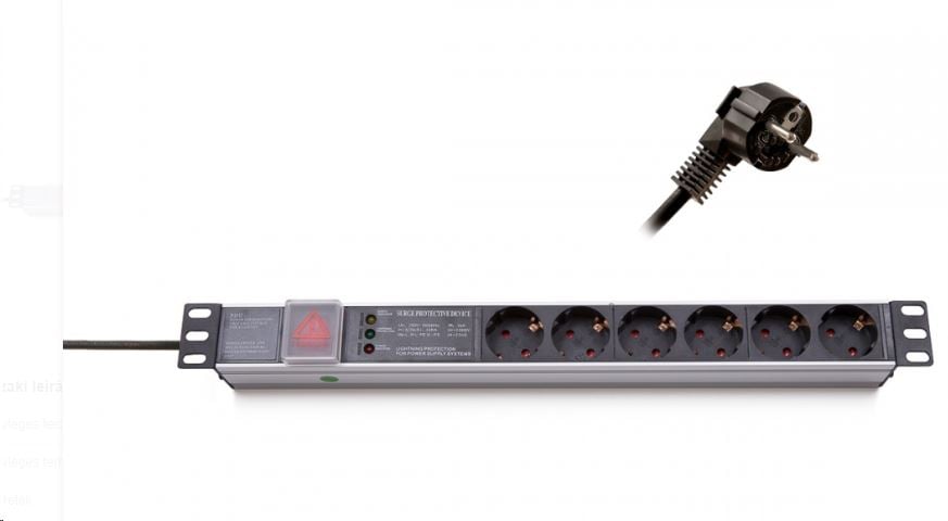 Triton 19" elosztópanel 6x250V, túlfeszültségvédelemmel1U, 2,3m (620P06)