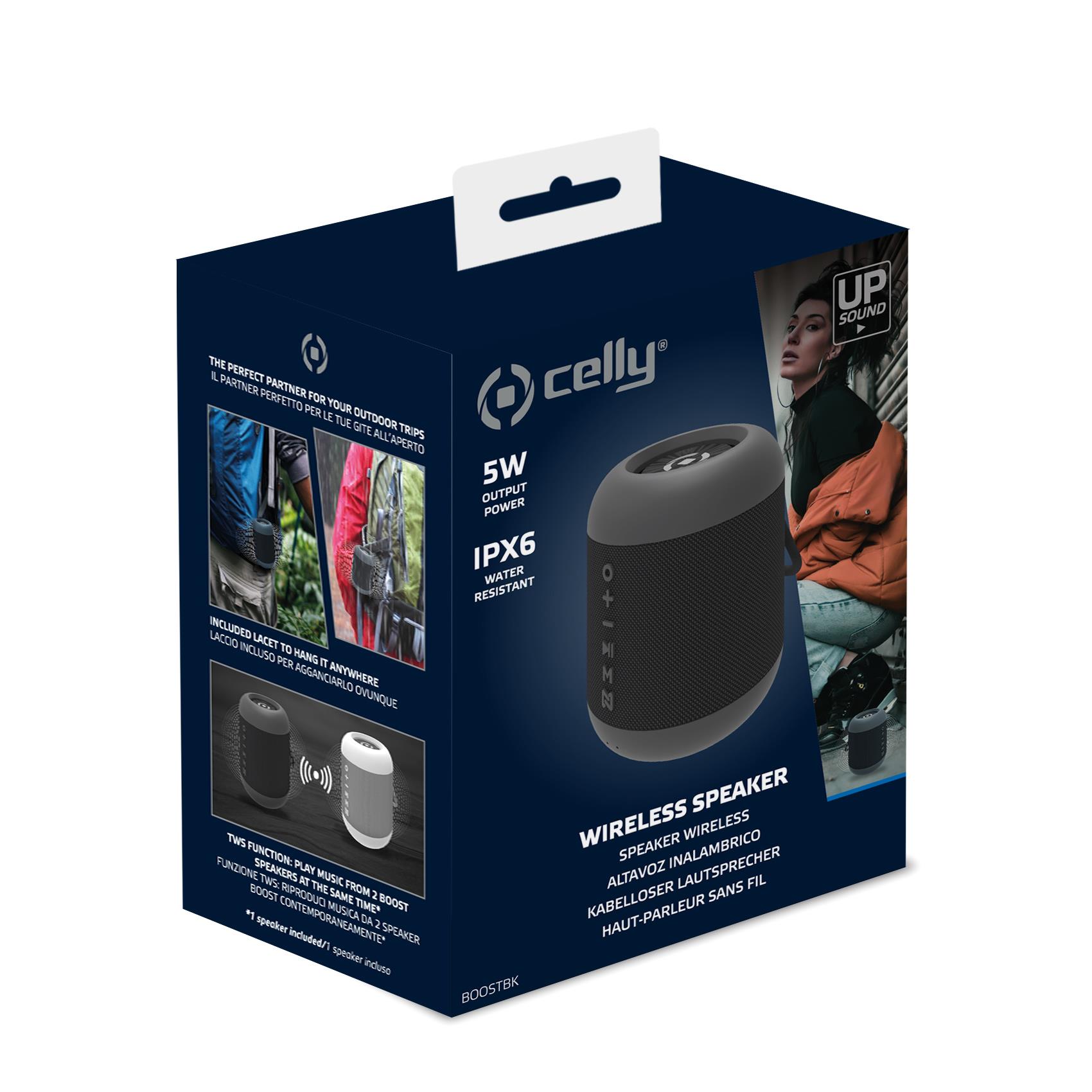 Celly Boost hordozható, vízálló Bluetooth hangszóró, TWS, 5W, 4óra üzemidő, fekete