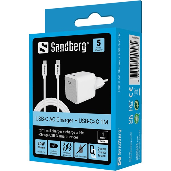 Sandberg Telefon töltő   USB-C 20W Charger+USB-C>C 1M