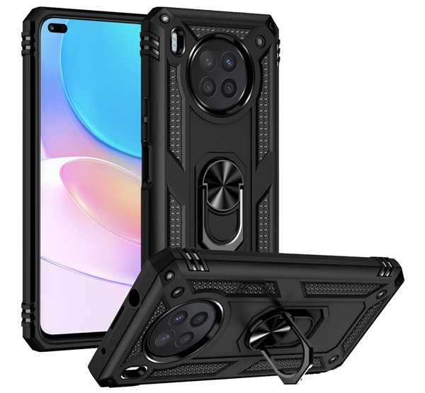 Szilikon telefonvédő (asztali tartó funkció, telefontartó gyűrű, 360°-ban forgatható, beépített fémlemez) FEKETE [Honor 50 Lite]