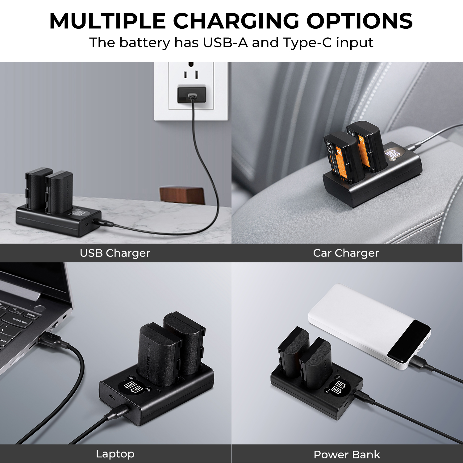 K&F Concept hordozható dupla USB-C akkumulátor LC-E6 töltő + 2db LP-E6NH akkumulátor 2250mAh