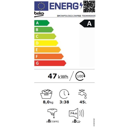 Beko BM3WFSU38213WPBB Elöltöltős mosógép - 8kg, 1200 ford./perc, A Energiaosztály, SteamCure gőz technológia