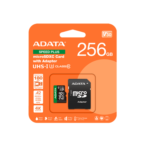 ADATA Memóriakártya MicroSDXC 256GB + Adapter SPEED PLUS UHS-I U3 (180/160)