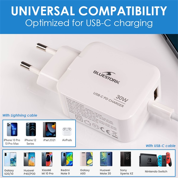 Bluestork  PW-NB-30-C-A/2 USB-C USB-A  30W Hálózati töltő  Fehér