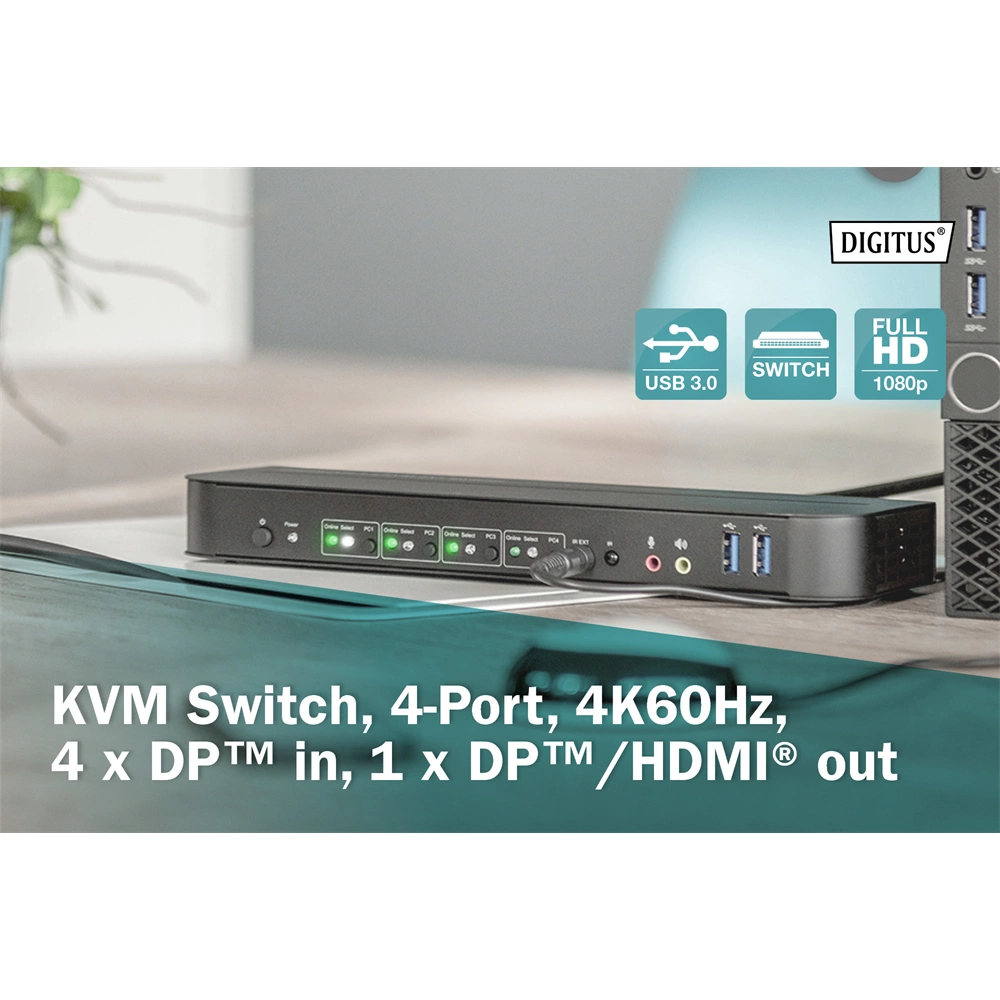 Digitus 4-Port, 4K60Hz, 4x DP in, 1x DP/HDMI out KVM Switch