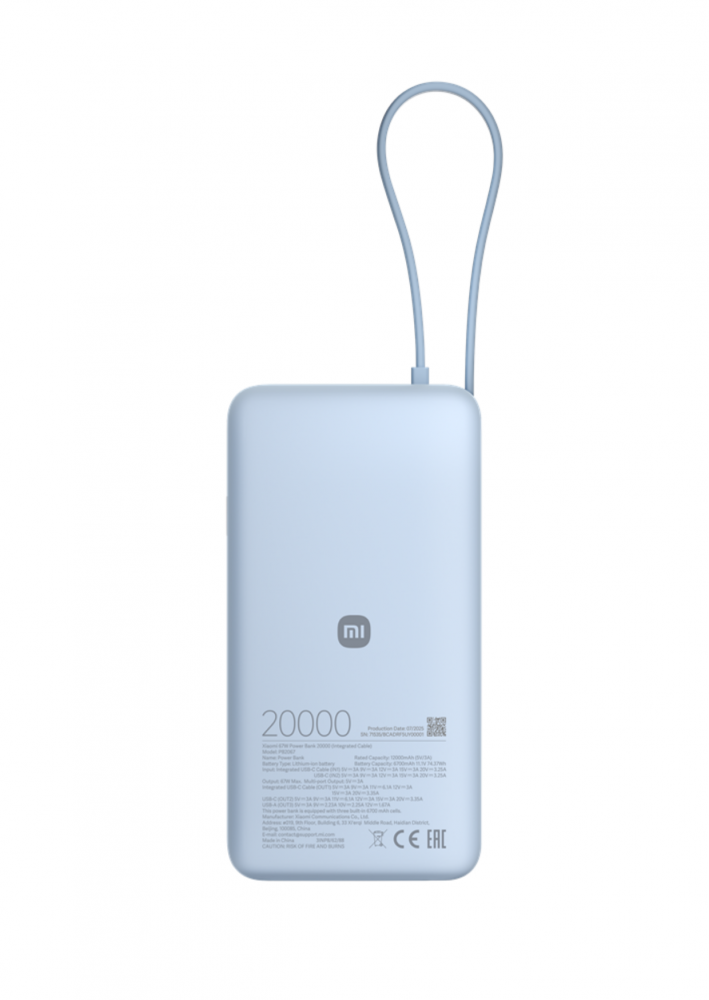 Xiaomi Power Bank 20000mAh beépített usb-c kábel Világos kék