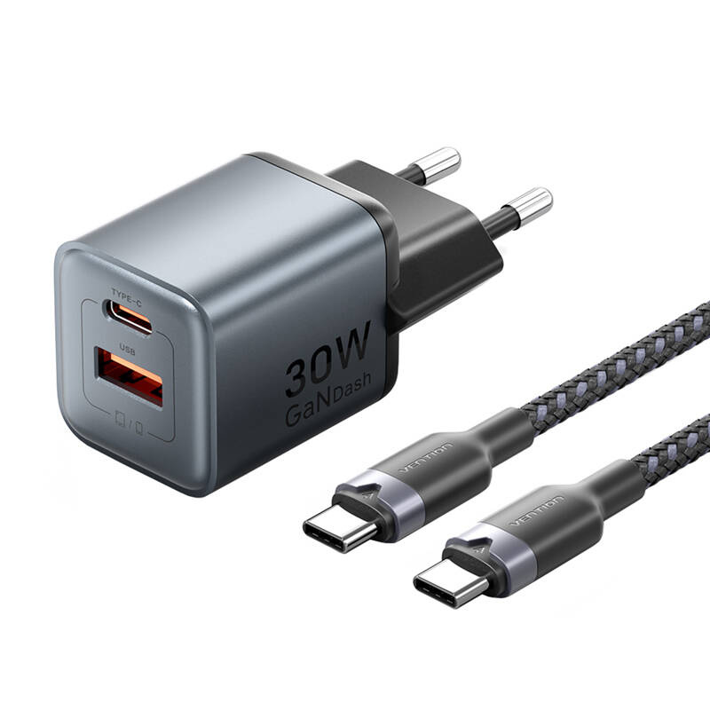 Vention GaN USB-C+A 30W töltő + USB-C kábel 1m Szürke