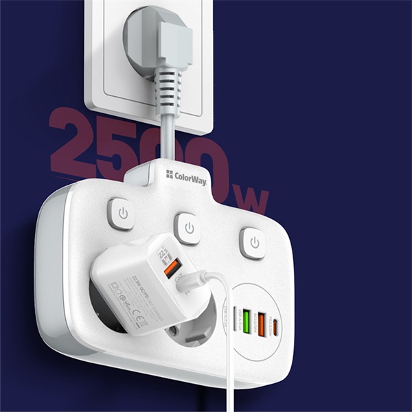 COLORWAY CW-CHE24PDW 2 dugalj 3xUSB-A 1xUSB-C 2m Hálózati elosztó Fekete