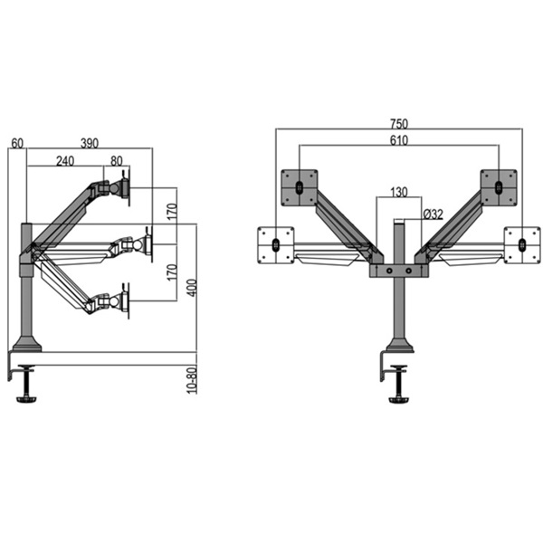 MULTIBRACKETS  Lift Dual dönthető forgatható 15-32" asztali rögzítő Gas Ezüst