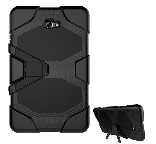 Defender műanyag telefonvédő (közepesen ütésálló szilikon belső, kitámasztó, méhsejt minta) FEKETE [Samsung Galaxy Tab A 10.1 WIFI (2016) ...