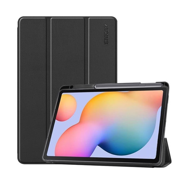 ENKAY tok álló, bőr hatású (aktív FLIP, oldalra nyíló, TRIFOLD asztali tartó funkció, tolltartó) FEKETE [Samsung Galaxy Tab S6 Lite 10.4 ...