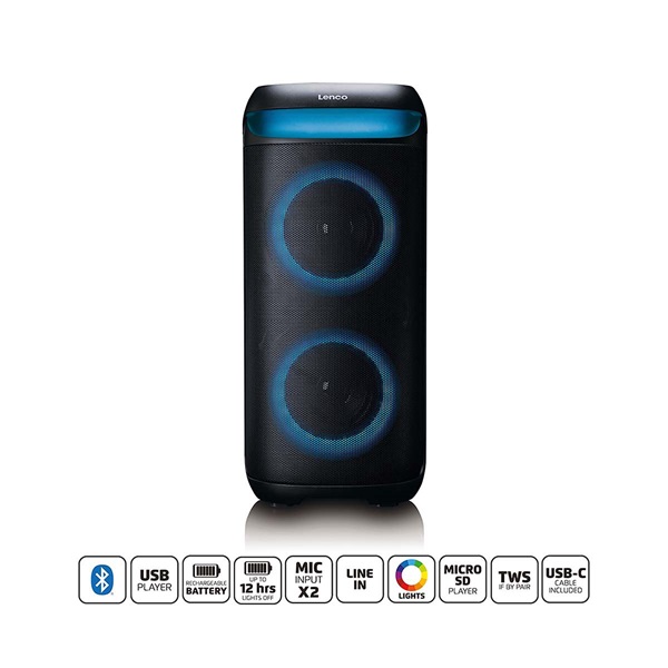 Lenco PA-210BK Bluetooth 5.3 bulihangszóró beépített világítással , TWS, 100W erősítővel, 2x mikrofon bemenet