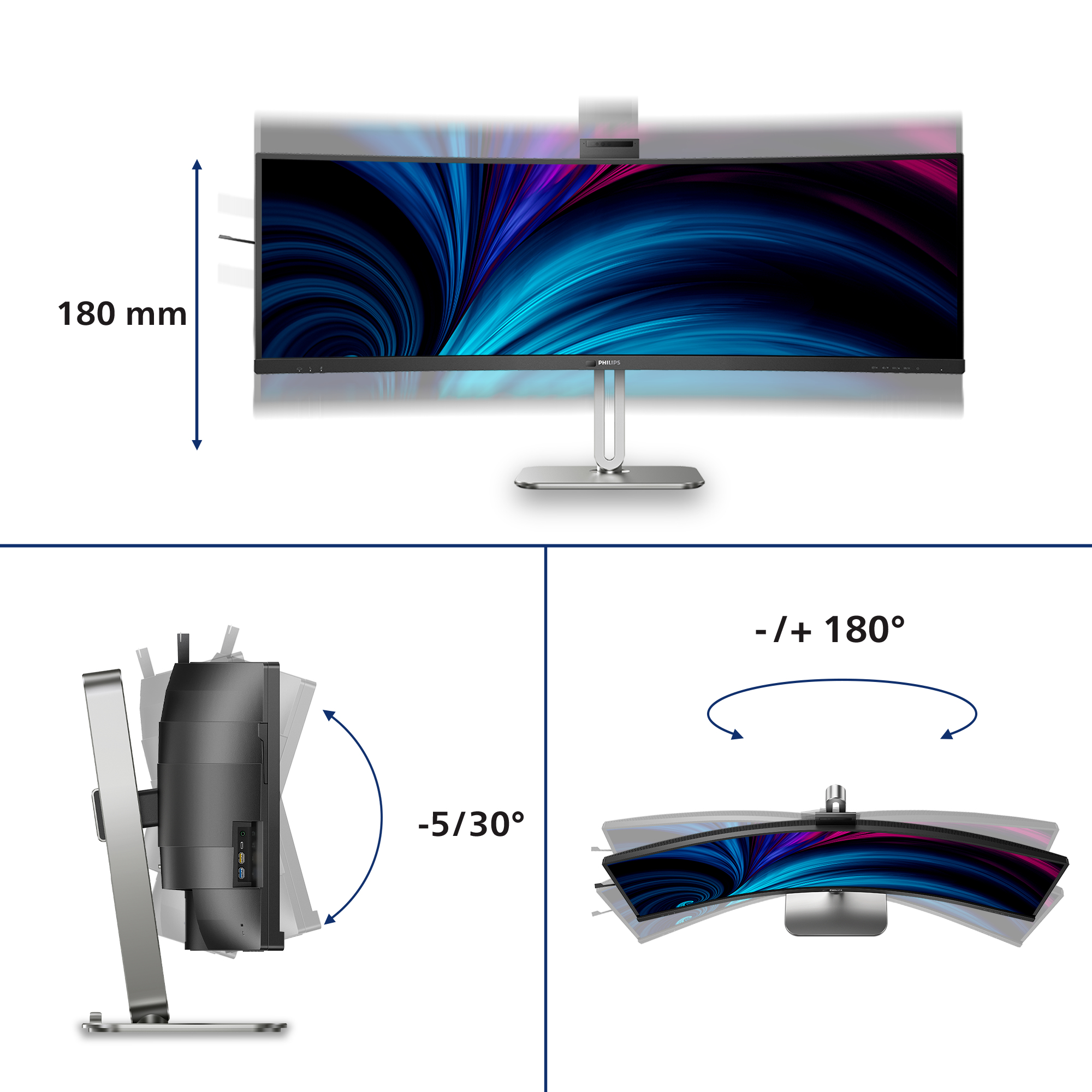 PHILIPS 48 49B2U6903CH/00 Monitor - 5120x1440, UWQHD, LED, VA, 75Hz, 4ms, Ívelt, Hangszóró, LAN, Pivot, WEBCAM, Fekete-ezüst