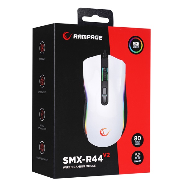 Rampage  SMX-R44 V2 Macro 12800 DPI  RGB LED  1,8m fonott kábel Egér Gamer Fehér 