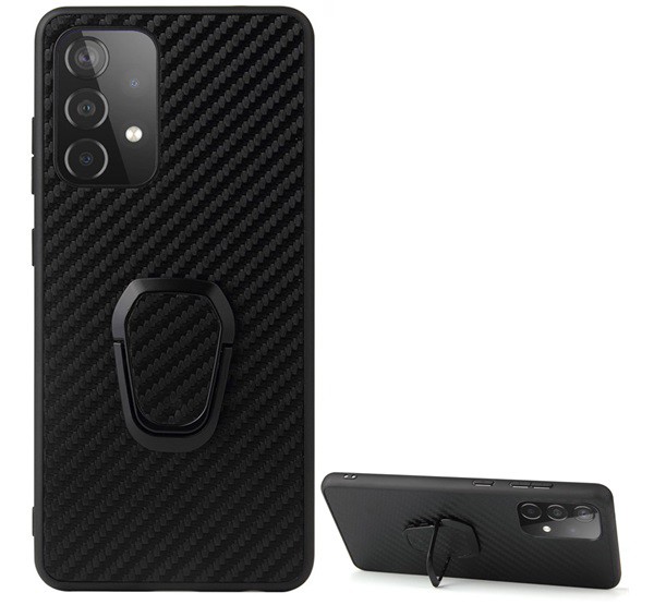 Szilikon telefonvédő (közepesen ütésálló, bőr hatású hátlap, kitámasztó, karbon minta) FEKETE [Samsung Galaxy A52s 5G (SM-A528)]