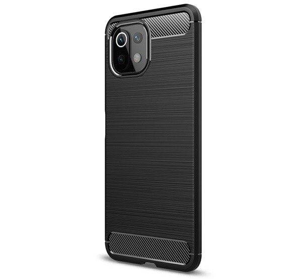 Szilikon telefonvédő (közepesen ütésálló, légpárnás sarok, szálcsiszolt, karbon minta) FEKETE [Xiaomi 11 Lite 5G NE]