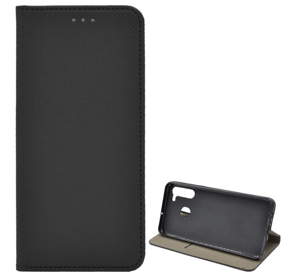 Tok álló, bőr hatású (FLIP, oldalra nyíló, asztali tartó funkció, rombusz minta) FEKETE [Samsung Galaxy A21 (SM-A210F)]