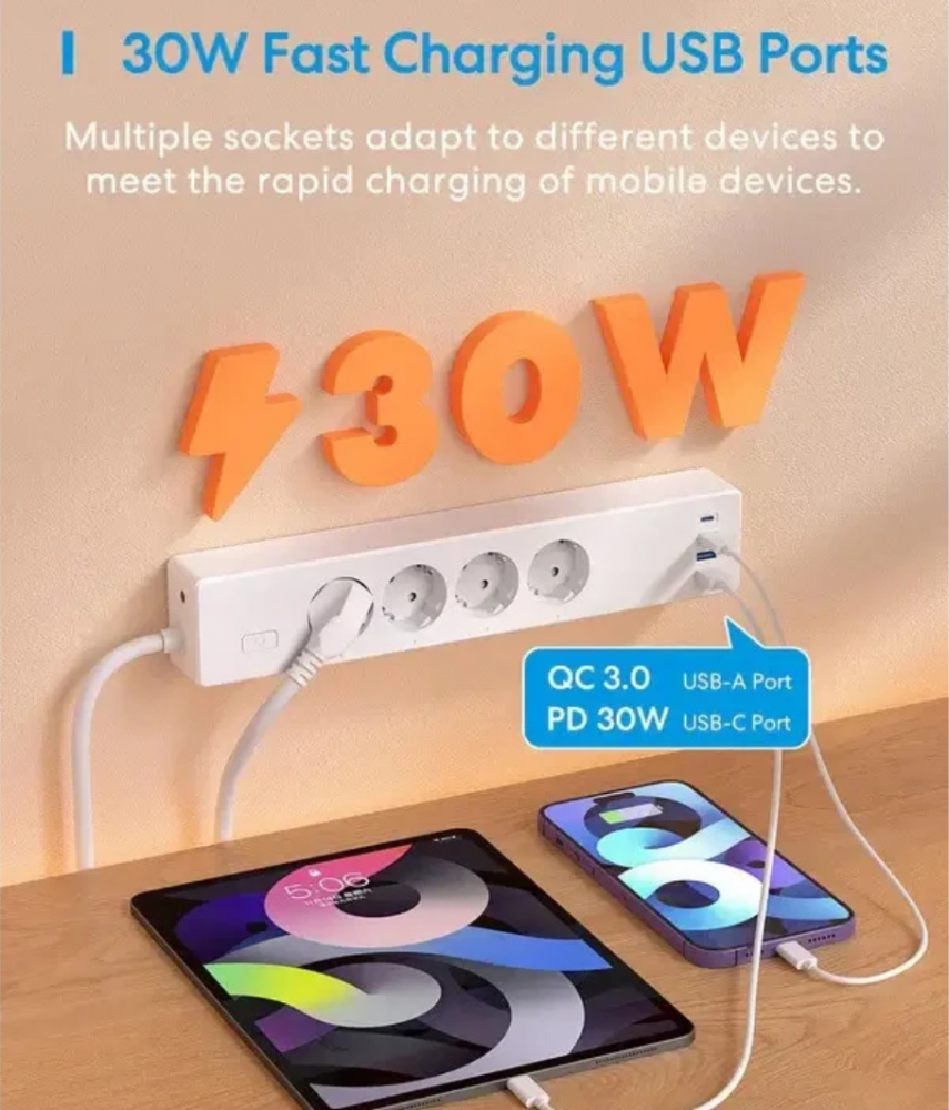 Meross hosszabító 4xAC, 2xUsb-A, 2xUsb-C, Max.16A Matter