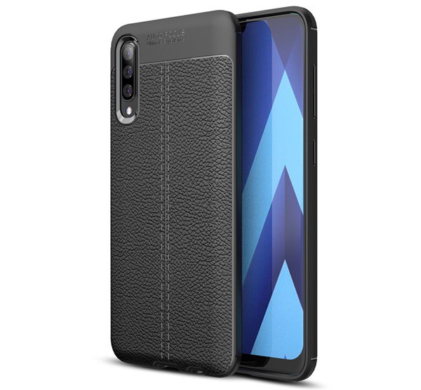 Szilikon telefonvédő (közepesen ütésálló, bőr hatású, varrás minta) FEKETE [Samsung Galaxy A50s (SM-A507F)]