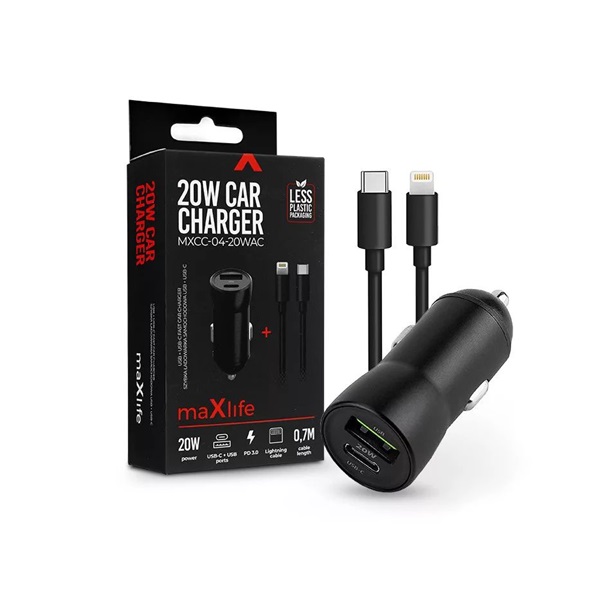 Maxlife ML269386 20W USB/USB C fekete szivargyújtós töltő adapter + Type-C - Lightning kábel
