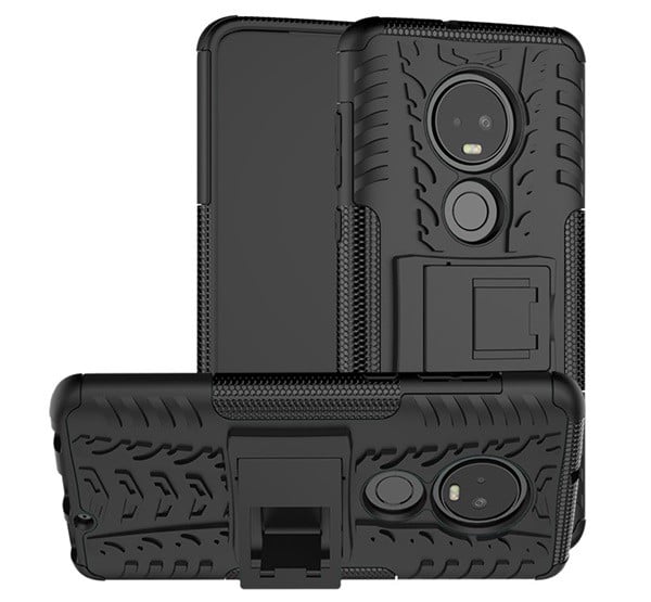Defender műanyag telefonvédő (közepesen ütésálló, szilikon belső, kitámasztó, autógumi minta) FEKETE [Motorola Moto G7 (XT1962)]