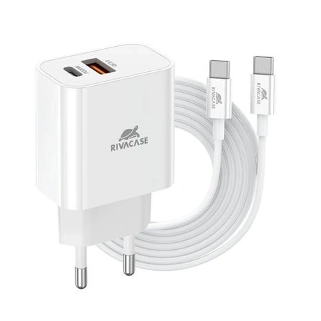 RivaCase RivaPower PS4102 WD4 EU Wall Charger PD20W + QC3.0, USB-A + USB-C, with USB-C/USB-C kábel Fehér