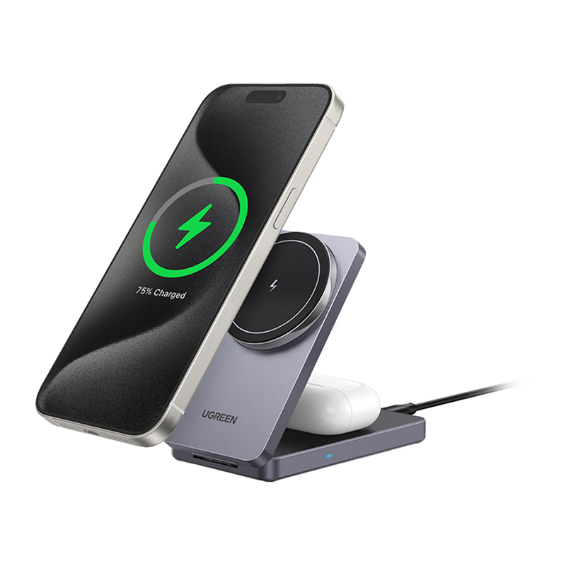 Ugreen W528 2 az 1-ben induktív töltő iPhone-hoz, AirPods-hoz, 20 W (szürke)