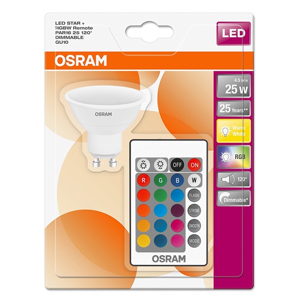 Osram Star+ RGBW műanyag ház 4,5W 250lm 2700K GU10 távirányítható LED PAR16 spot izzó