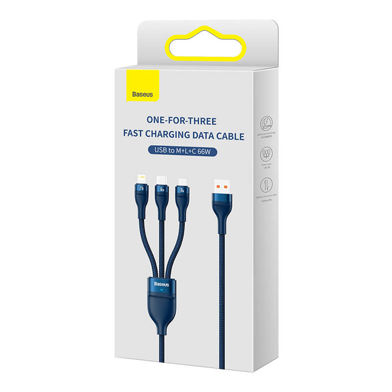 Baseus Flash 3 az 1-ben USB töltőkábel, USB-C + Micro USB + Lightning 66W, 1.2m (kék) Baseus Flash 3 az 1-ben USB töltőkábel, USB-C + Micro USB + Lightning 66W, 1.2m (kék)