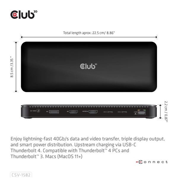 Club 3D CSV-1582 140W Thunderbolt 4  DP, 2xHDMI, USB-C, 4xUSB-A, SD, TF, RJ45, 3,5 Jack, DC Notebook Dokkoló