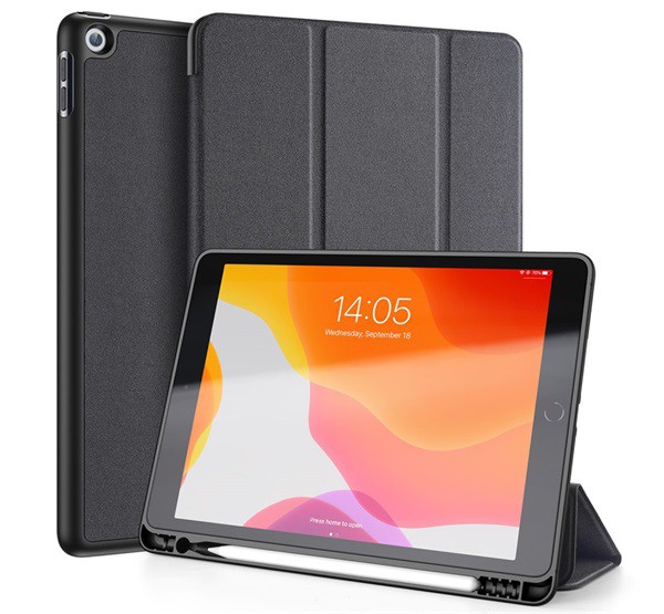 DUX DUCIS DOMO tok álló, bőr hatású (aktív FLIP, oldalra nyíló, TRIFOLD Apple pencil tartó, textil minta) FEKETE [Apple IPAD 10.2 (2021)]