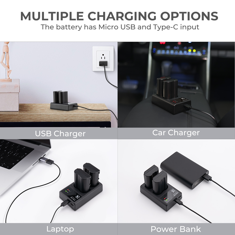 K&F Concept hordozható dupla USB-C akkumulátor MH-25 töltő + 2db EN-EL15 akkumulátor 2100mAh