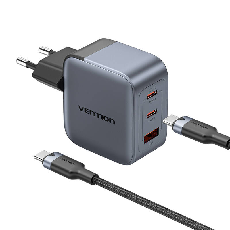 Vention GaN USB-C+C+A 70W töltő + USB-C-C kábel 1m Szürke 