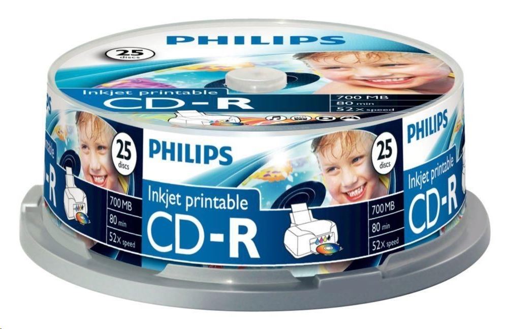 Philips CD-R80IW 80'/700MB írható lemez nyomtatható hengeres 25db/cs Philips CD-R80IW 80'/700MB írható lemez nyomtatható hengeres 25db/cs