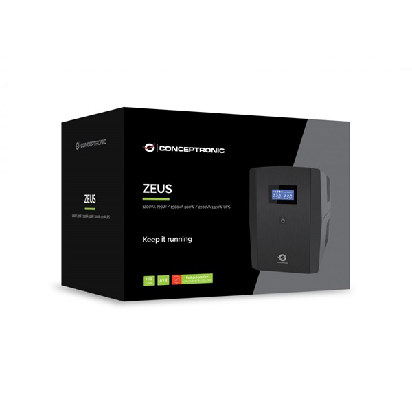 Conceptronic 1500VA   ZEUS08E 6x IEC C13  line-interaktív RJ45 vonalvédelem HID USB Szünetmentes   Fekete 