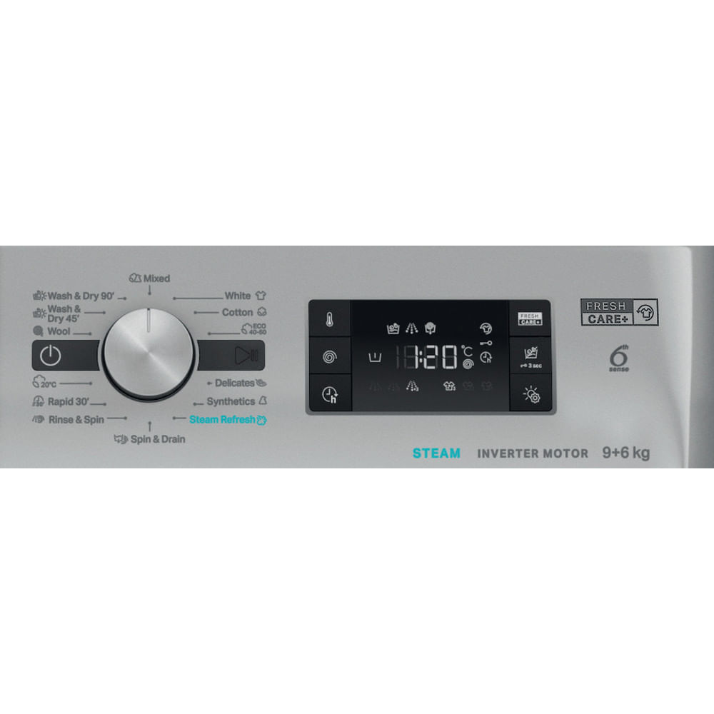 Whirlpool FFWDB 964489 SBSV EE  Elöltöltős mosó- és szárítógép – 9 kg, 1400 ford./perc, A Energiaosztály, 6. Érzék technológia, FreshCare+, Smart Delay, Wash&Dry, Gőz program, Ezüst