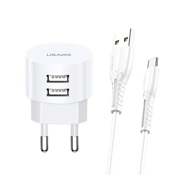 Usams XTXLOGT18TC05 dupla USB-s hálózati töltő 100cm-es Type-C kábellel fehér Usams XTXLOGT18TC05 dupla USB-s hálózati töltő 100cm-es Type-C kábellel fehér