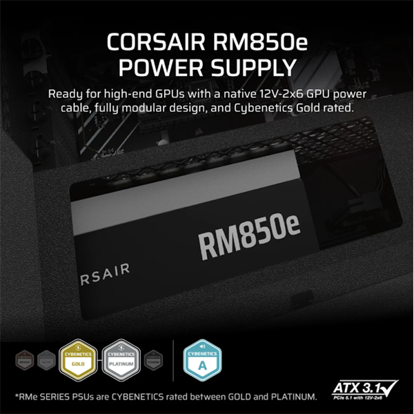 CORSAIR Moduláris RM850e 850W 12cm ATX 3.1 PCIe 5.1 BOX Cybenetics Gold Tápegység 