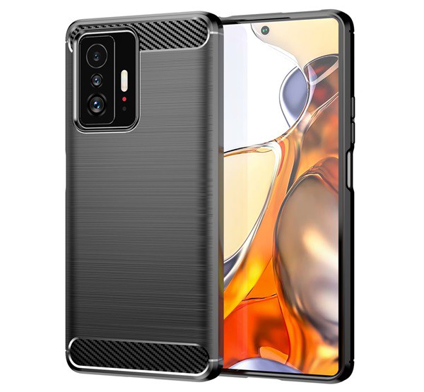 Szilikon telefonvédő (közepesen ütésálló, légpárnás sarok, szálcsiszolt, karbon minta) FEKETE [Xiaomi 11T Pro]