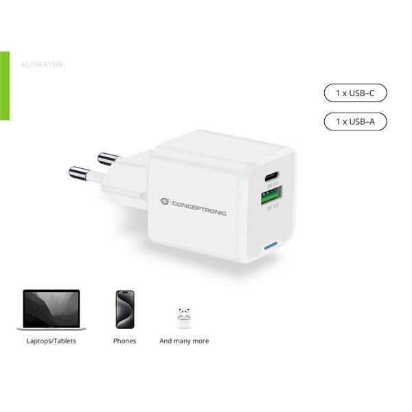 Conceptronic  ALTHEA15W  USB-C+USB-A  20W telefon töltő adapter Fehér 