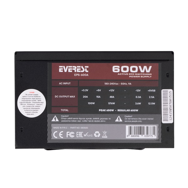 Everest   600W EPS-600A   12cm ventilátor Aktív PFC Tápegység