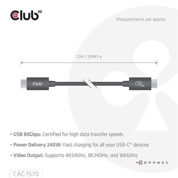 Club3D Kábel -  (USB4 Type-C, 240W PD, 80Gbps, 8K240Hz, 4K540Hz, Bidirectional, 1,2m, fehér) (CAC-1570)