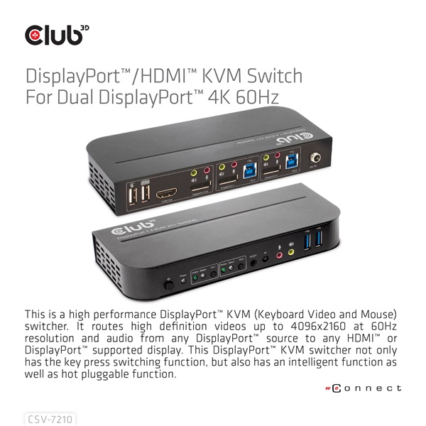 Club 3D   CSV-7210 Dual DisplayPort  4K60Hz  HDMI KVM  IR távirányító KVM Switch 