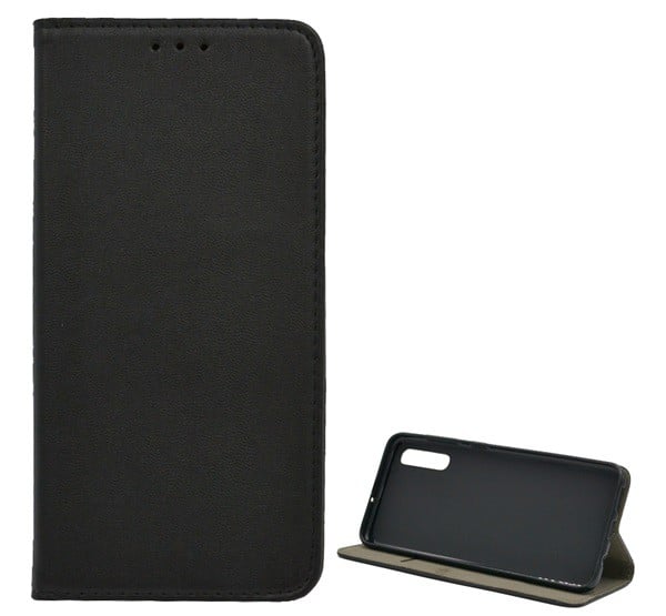 Tok álló, bőr hatású (FLIP, oldalra nyíló, asztali tartó funkció) FEKETE [Samsung Galaxy A50s (SM-A507F)]