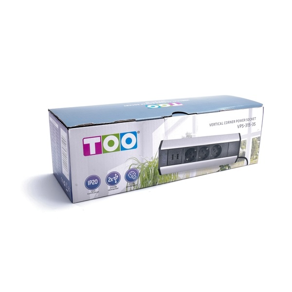 TOO VPS-315-3S IP20, 3x 2P+F, 2x USB-A, ezüst asztalra rögzíthető elosztó TOO VPS-315-3S IP20, 3x 2P+F, 2x USB-A, ezüst asztalra rögzíthető elosztó