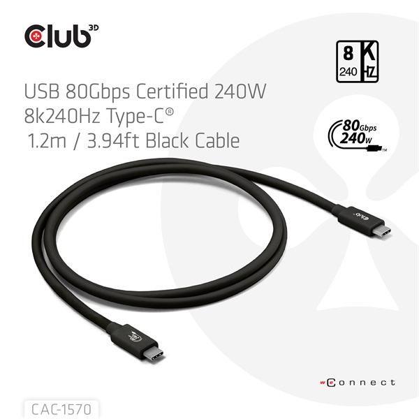 Club3D Kábel -  (USB4 Type-C, 240W PD, 80Gbps, 8K240Hz, 4K540Hz, Bidirectional, 1,2m, fehér) (CAC-1570)
