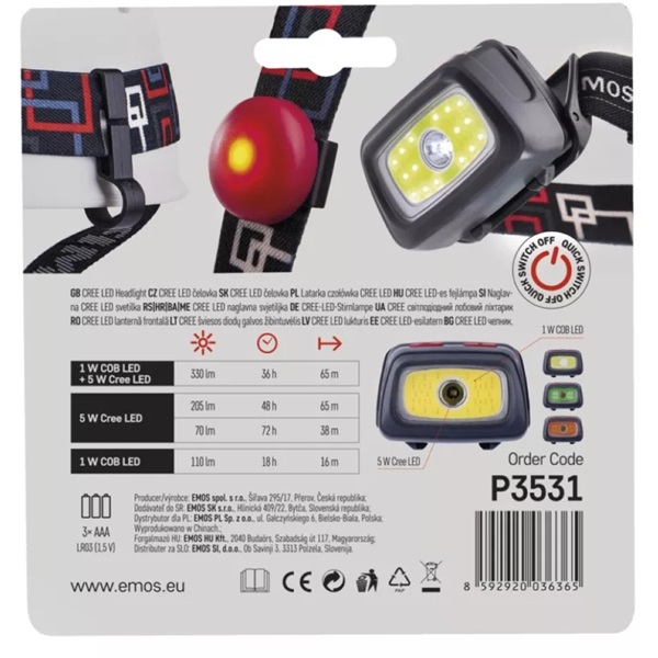 Emos CREE+COB LED fejlámpa 330lm (P3531)