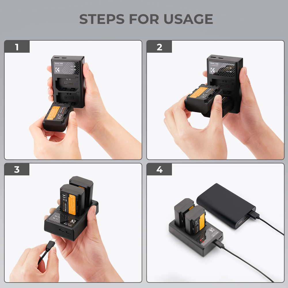 K&F Concept hordozható dupla USB-C akkumulátor BC-QZ1 töltő + 2db FZ100 akkumulátor 2280mAh K&F Concept hordozható dupla USB-C akkumulátor BC-QZ1 töltő + 2db FZ100 akkumulátor 2280mAh