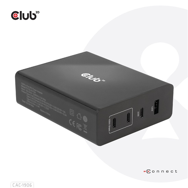 Club 3D CAC-1906 132W GaN 2x USB-A 2x USB-C PD3.0, 4 csatlakozó Hálózati Töltő Club 3D CAC-1906 132W GaN 2x USB-A 2x USB-C PD3.0, 4 csatlakozó Hálózati Töltő